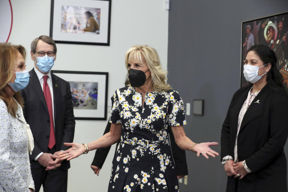 First lady Jill Biden visits the St. Jude Children's Research Hospital, Friday, March 25, 2022, in Memphis, Tenn. (AP Photo/Karen Pulfer Focht)