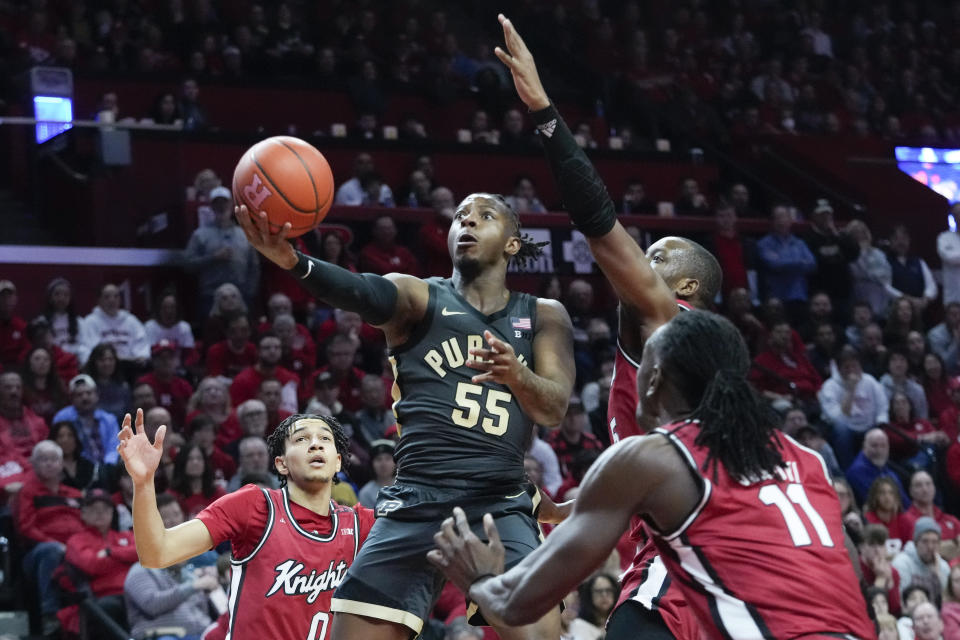 Purdue guard Lance Jones (55) goes to the basket in the first half of an NCAA college basketball game against Rutgers, Sunday, Jan. 28, 2024, in Piscataway, N.J. (AP Photo/Mary Altaffer)