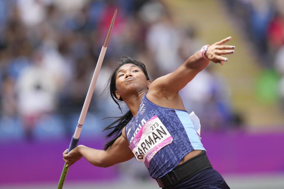 India's Swapna Barman competes during the women's heptathlon javelin throw at the 19th Asian Games in Hangzhou, China, Sunday, Oct. 1, 2023. (AP Photo/Lee Jin-man)