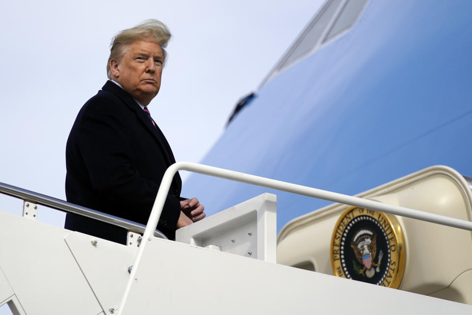 President Donald Trump boards Air Force One for a trip to Los Angeles to attend a campaign fundraiser, Tuesday, Feb. 18, 2020, in Andrews Air Force Base, Md. (AP Photo/Evan Vucci)