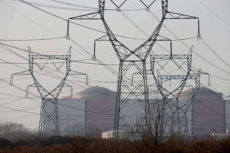 FILE PHOTO: The Gravelines nuclear power plant is seen behind electrical power lines in Gravelines