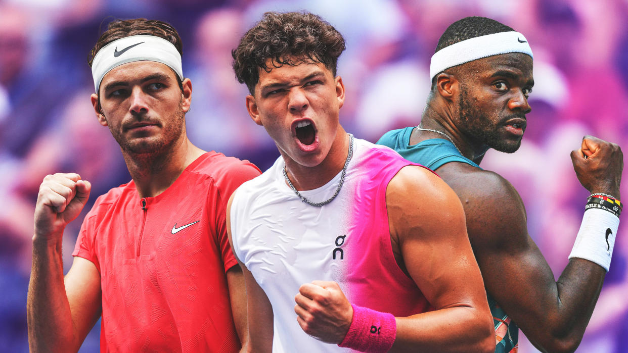 Taylor Fritz (L), Ben Shelton and Frances Tiafoe. (AP and Getty/Yahoo Sports Illustration)