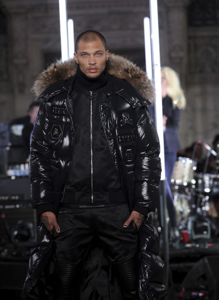 Jeremy Meeks walks the Philipp Plein runway as part of NYFW Fall/Winter 2017 on Monday, Feb. 13, 2017 in New York. (Photo by Charles Sykes/Invision/AP)<br>Roitfeld posted a photo on Instagram of her and Meeks embracing (Meeks was topless, because, why not?) with the caption, “My new friend @jmeeksofficial.”