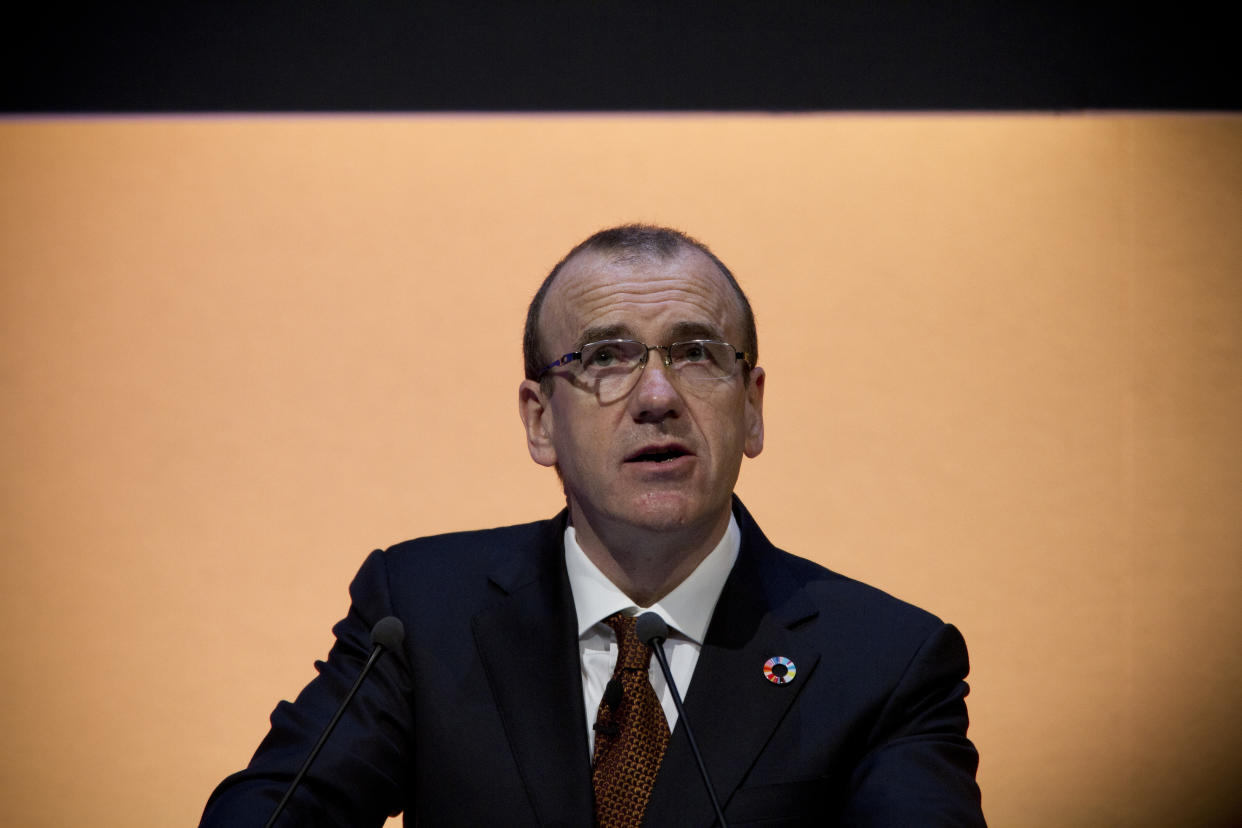 English businessman Sir Terry Leahy, former CEO of Tesco, the largest British retailer, speaking at the annual Global Entrepreneurship Congress at the Arena and Conference Centre in Liverpool. Sir Terry stepped down as CEO of the company in 2010. (Photo by Colin McPherson/Corbis via Getty Images)