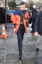 <p>In a colorblock puffer jacket, cropped Fendi sweater and crossbody bag, high-waisted jeans, and square-toe boots while out in Paris.</p>