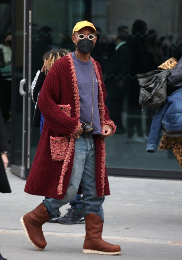 Pharrell Gets Funky in Knit Cardigan and Brown Boots at Chanel