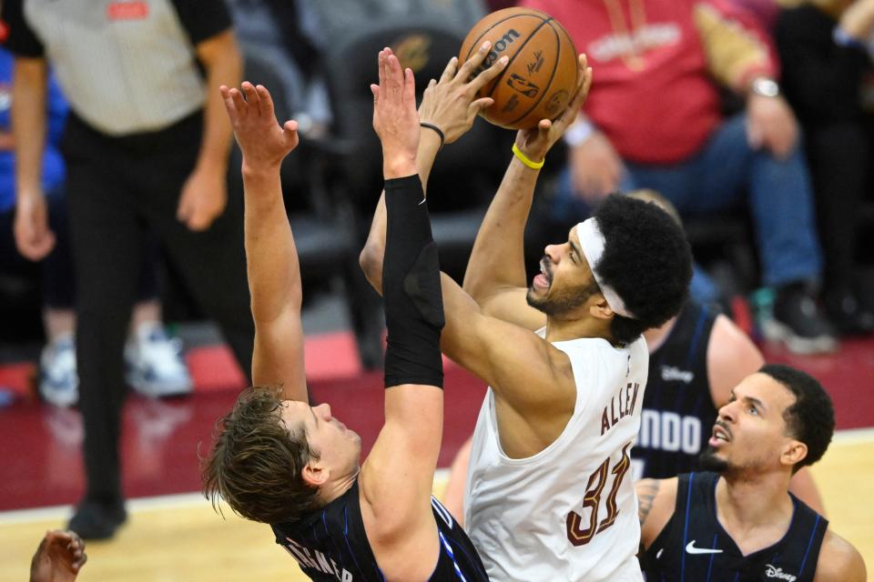 Cavaliers center Jarrett Allen shoots over Orlando Magic center Moritz Wagner in the fourth quarter, Feb. 22, 2024, in Cleveland.