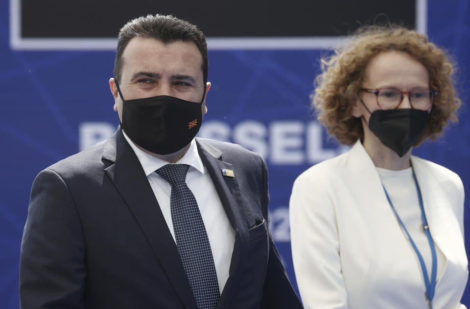 North Macedonias Prime Minister Zoran Zaev arrives for a NATO summit at NATO headquarters in Brussels, Monday, June 14, 2021. U.S. President Joe Biden is taking part in his first NATO summit, where the 30-nation alliance hopes to reaffirm its unity and discuss increasingly tense relations with China and Russia, as the organization pulls its troops out after 18 years in Afghanistan. (Kenzo Tribouillard, Pool via AP)