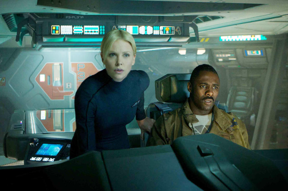 PROMETHEUS, from left: Charlize Theron, Idris Elba, 2012. ph: Kerry Brown/TM & copyright ©20th Century Fox Film Corp. All rights reserved/courtesy Everett Collection