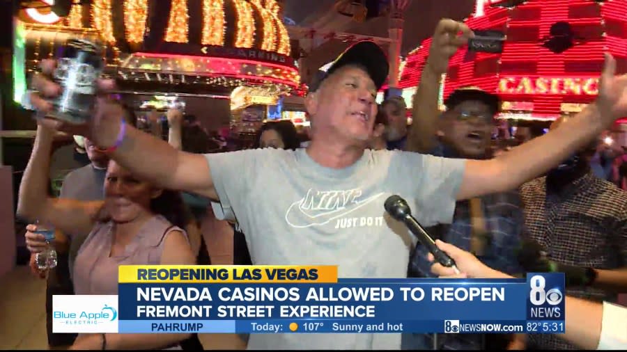 Celebrations under the Fremont Street Experience canopy as casinos reopen at 12:01 a.m. on June 4, 2020. (KLAS)