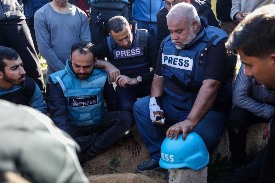 Al Jazeera Gaza bureau chief (2nd R), at the funeral of journalists Hamza Al-Dahdouh and Mustafa Thuraya on January 7, 2024 in Rafah.  Hamza is the son of Wael Al-Dahdouh.