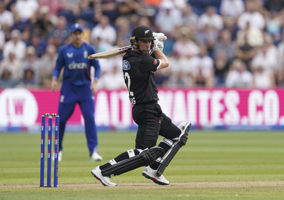 New Zealand's Will Young bats during the first one day international match between England and New Zealand in Cardiff, Wales, Friday Sept. 8, 2023. (Joe Giddens/PA via AP)