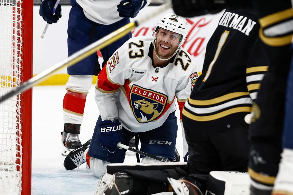 May 10, 2024; Boston, Massachusetts, USA; Florida Panthers center Carter Verhaeghe (23) smiles from his knees in the crease after scoring against the Boston Bruins during the second period of game three of the second round of the 2024 Stanley Cup Playoffs at TD Garden. Mandatory Credit: Winslow Townson-USA TODAY Sports