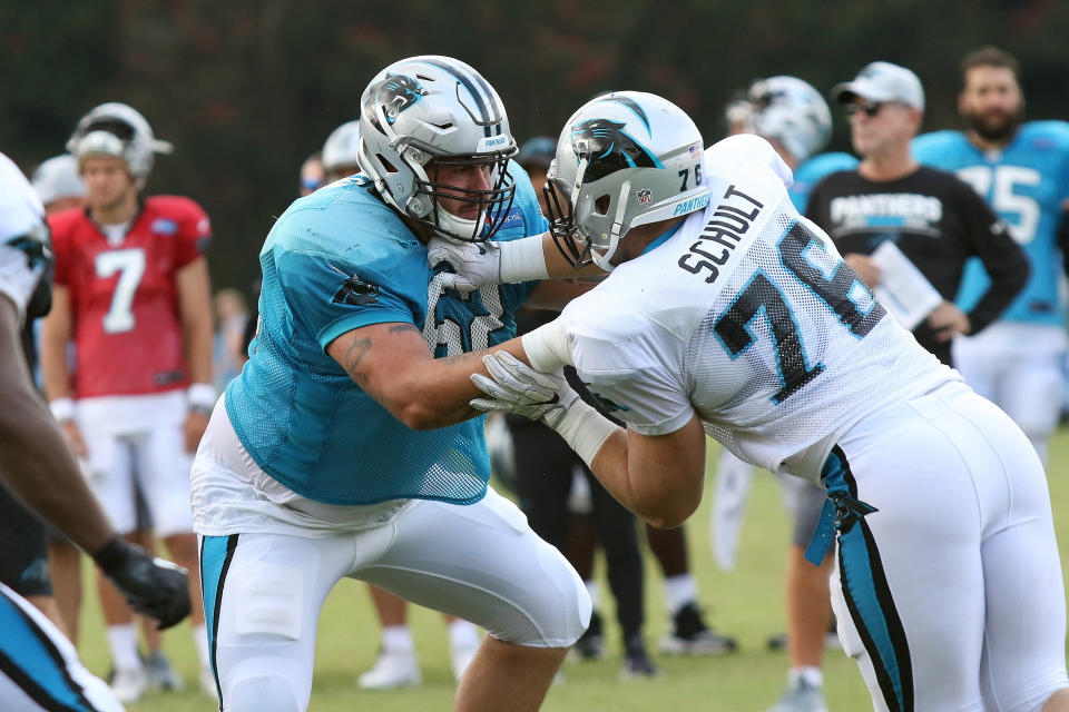 SPARTANBURG, SC - JULY 30: Taylor Hearn (62) guard Carolina Panthers blocks Karter Schult (76) defensive end Carolina Panthers during a scrimmage play at the Carolina Panthers training camp Monday July 30, 2018 at Wofford College in Spartanburg, S.C. (Photo by John Byrum/Icon Sportswire via Getty Images)