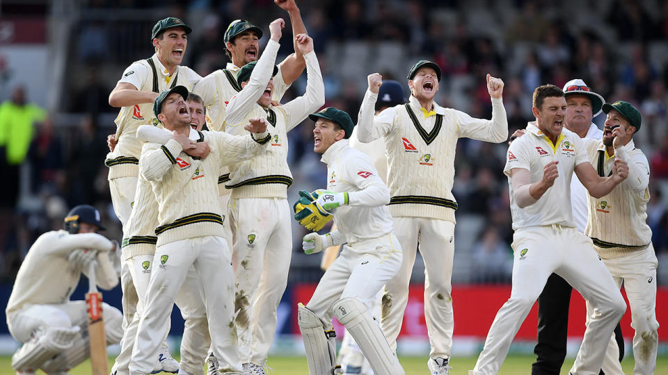 The Australian players, pictured here celebrating their Ashes triumph.