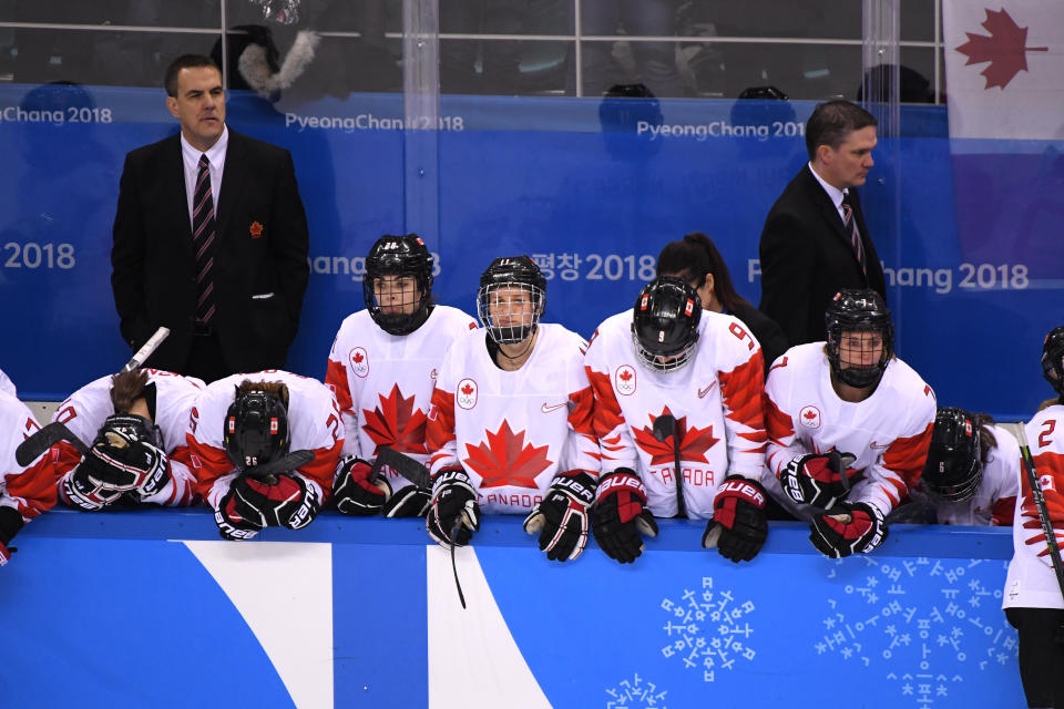 <p>Team Canada reacts after losing in a shootout to United States during the Women’s Gold Medal Game on day thirteen of the PyeongChang 2018 Winter Olympic Games at Gangneung Hockey Centre on February 22, 2018 in Gangneung, South Korea. (Photo by Harry How/Getty Images) </p>