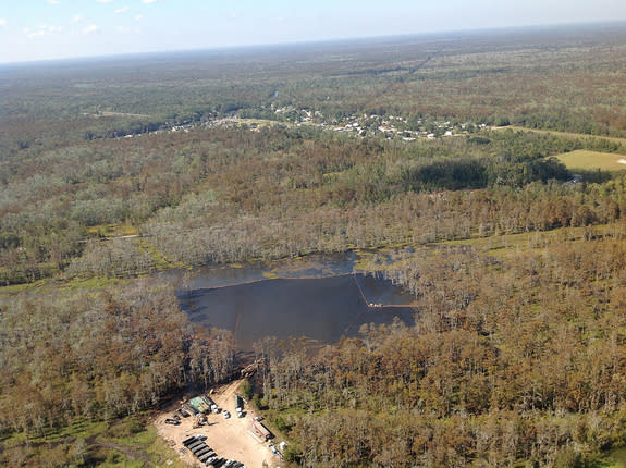 A sinkhole that opened up in Bayou Corne, La., after brine mining created a cavern in a salt done that later collapsed.