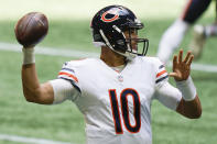 Chicago Bears quarterback Mitchell Trubisky (10) works against the Atlanta Falcons during the first half of an NFL football game, Sunday, Sept. 27, 2020, in Atlanta. (AP Photo/Brynn Anderson)