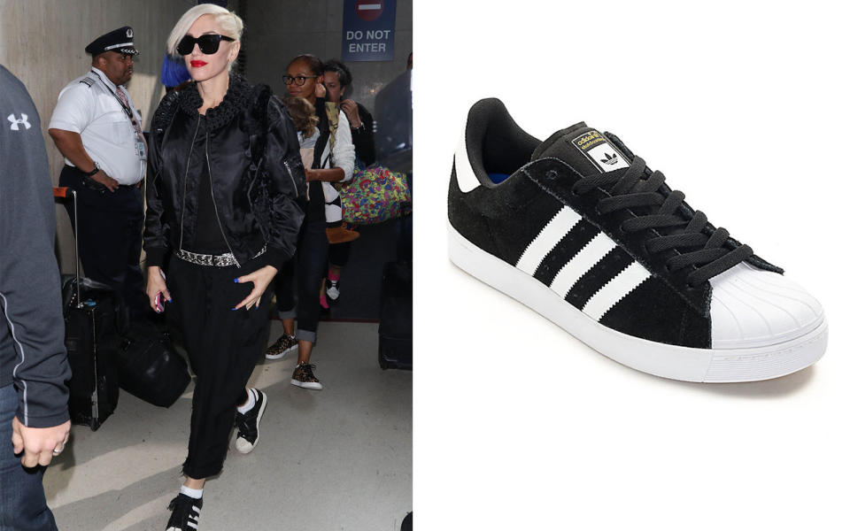 <p>The Adidas Superstar has always been a winner when it comes to staying stylish and comfortable. These slightly chunky sneakers are bold, retro, and provide extra cushioning for your feet. Here, Gwen Stefani polishes off her all-black outfit with black Superstars and a classic red lip. </p> <p>To buy: <a rel="nofollow noopener" href="http://www.zumiez.com/adidas-superstar-vulc-adv-black-white-shoes.html" target="_blank" data-ylk="slk:zumiez.com;elm:context_link;itc:0;sec:content-canvas" class="link ">zumiez.com</a>, $80</p>