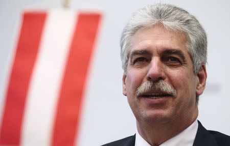 Austrian Finance Minister Hans Joerg Schelling addresses a news conference in Vienna, Austria, May 4, 2015. REUTERS/Heinz-Peter Bader