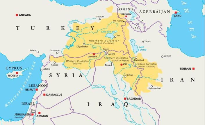 A map shows, in yellow shading, the largely Kurdish inhabited areas spanning across eastern Turkey, northern Syria and Iraq, and western Iran. / Credit: Getty/iStockphoto