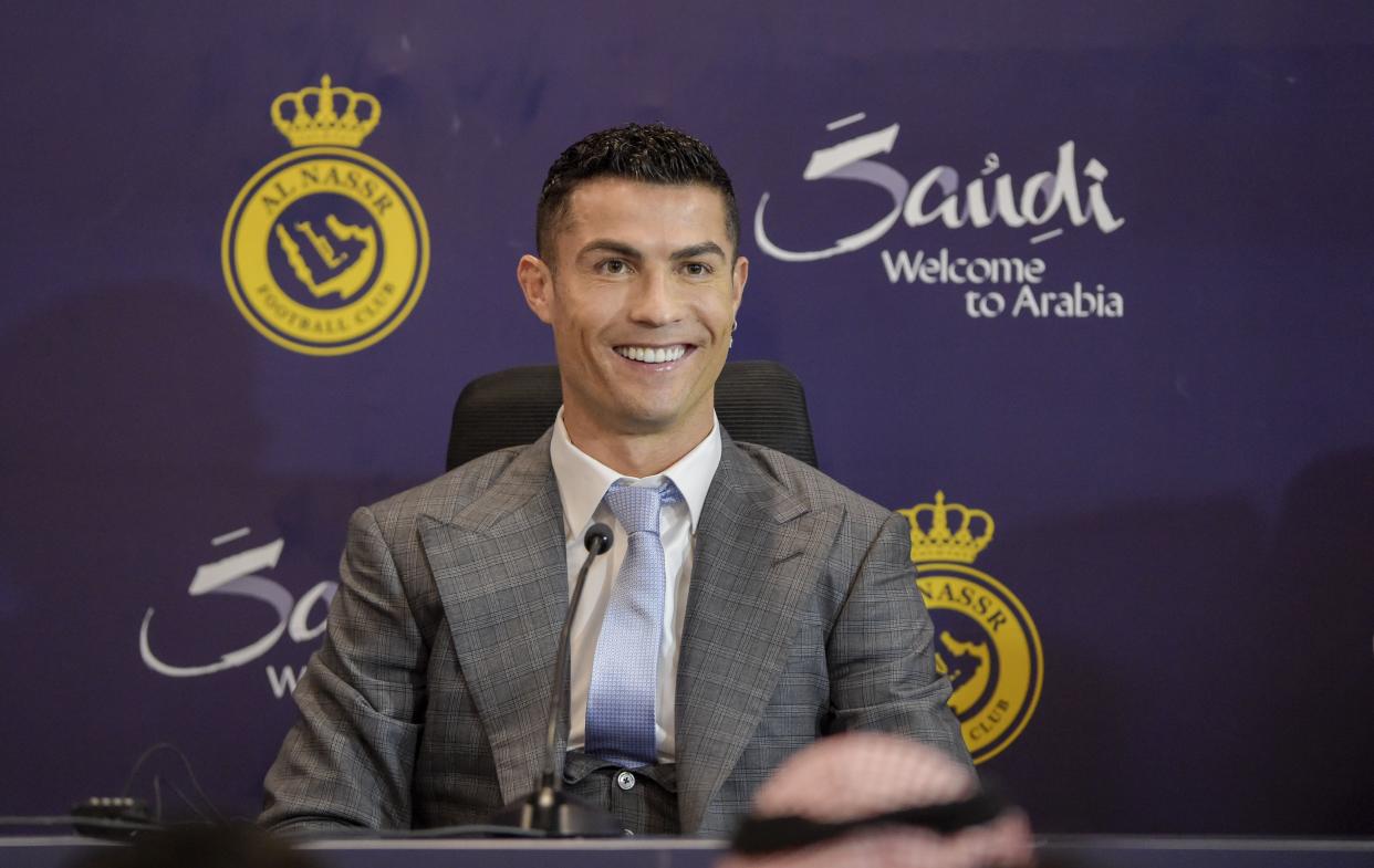 Cristiano Ronaldo attends a press conference after signing with Saudi Arabian club Al-Nassr. (Khalid Alhaj/MB Media/Getty Images)