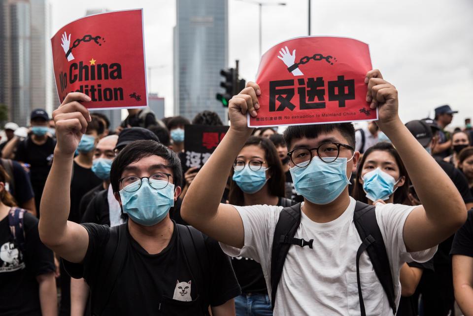 Protesters gather again to rally outside the Legislative Council government offices against a controversial extradition bill in Hong Kong on June 17, 2019. - Beijing reiterated its backing of Hong Kong's embattled leader Carrie Lam on June 17 after a massive demonstration demanding her resignation over a controversial extradition bill. (Photo by ISAAC LAWRENCE / AFP)        (Photo credit should read ISAAC LAWRENCE/AFP/Getty Images)