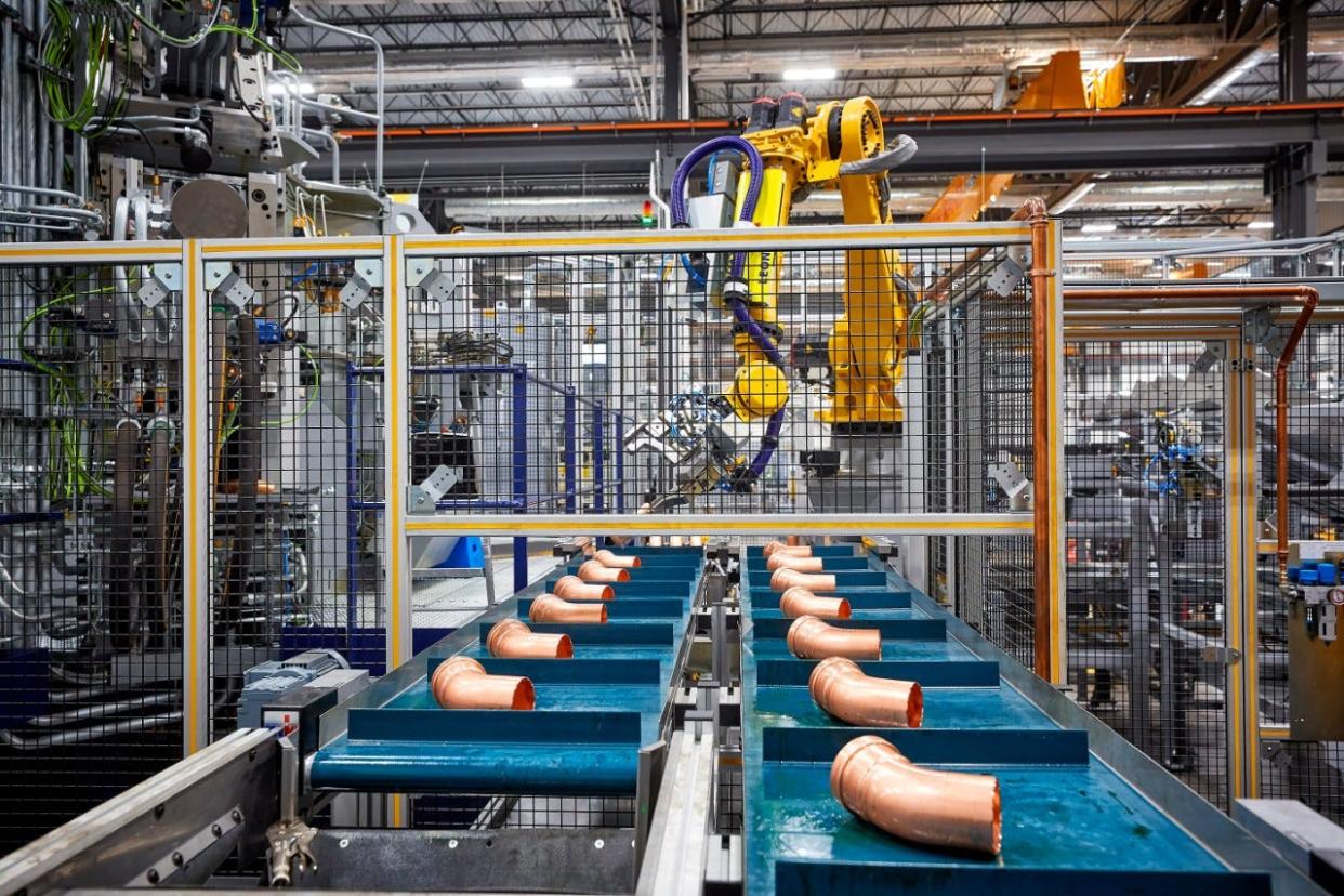 A robotic arm is shown in this image on Viega's website, along with an announcement of the German manufacturer's plan to construct a new 180,000-square-foot building in the Shalersville industrial park, the first tenant in the Shalersville JEDD.
