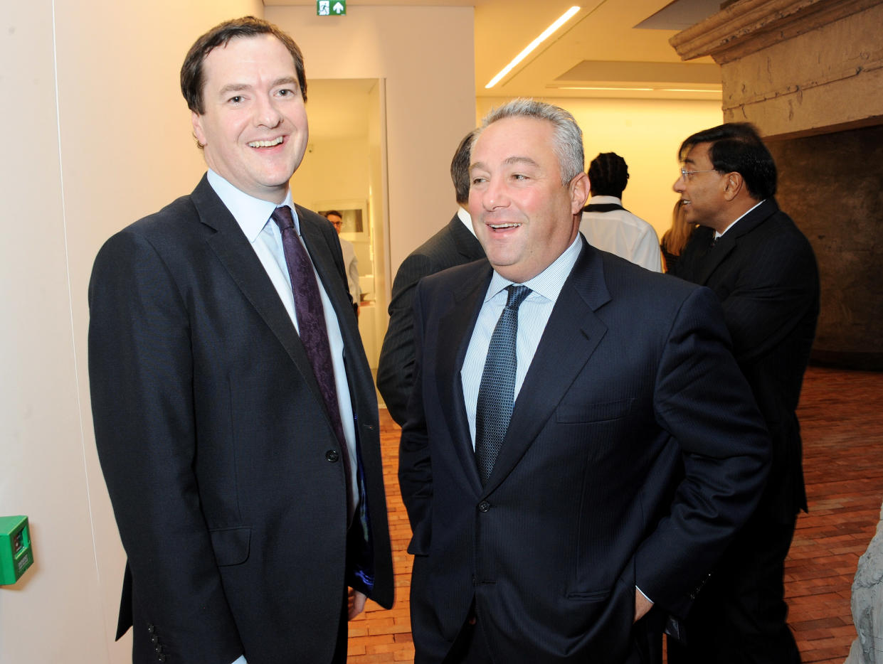 LONDON, ENGLAND - SEPTEMBER 24:  Chancellor George Osborne (L) and Michael Sherwood attend a donors dinner hosted by Michael Bloomberg & Graydon Carter to celebrate the launch of the new Serpentine Sackler Gallery designed by Zaha Hadid on September 24, 2013 in London, England.  (Photo by David M. Benett/Getty Images)