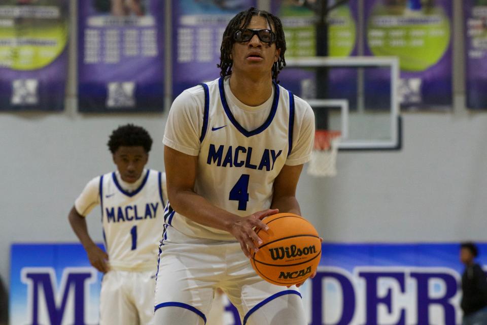 Maclay senior forward Jaquay Randolph (4) attempts a free throw in a game against Crossroad Academy on Jan. 14, 2022, at Maclay School. The Marauders won 65-51.