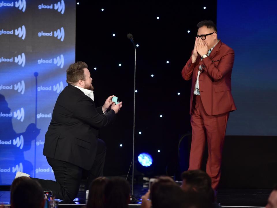 Zeke Smith proposes to Nico Santos onstage at the GLAAD Media Awards