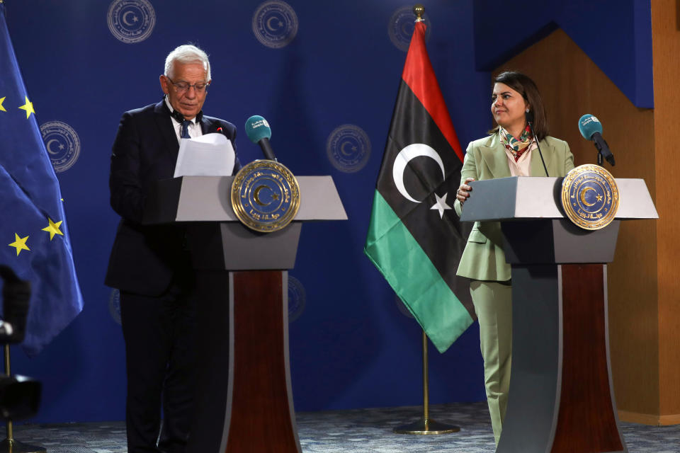 Josep Borrell, the E.U.’s ​​High Representative for Foreign Affairs and Security Policy, left, and Libyan Foreign Minister Najla al-Mangoush attend a press conference in Tripoli, Libya, on Sept. 8, 2021. (Hamza Turkia / Xinhua News Agency via Getty Images file)