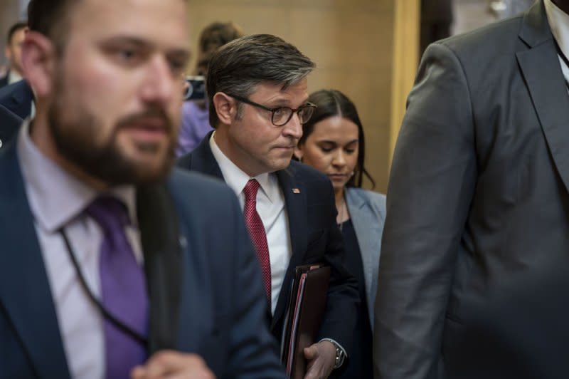 Speaker of the House Mike Johnson, R-La., returns to his office after the House passed a stopgap spending bill to avoid a partial government shutdown at the U.S. Capitol on Thursday. Photo by Bonnie Cash/UPI