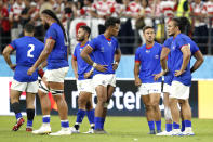 Samoan players react following their Rugby World Cup Pool A game at City of Toyota Stadium against Japan in Tokyo City, Japan, Saturday, Oct. 5, 2019. Japan defeated Samoa 38-19.(AP Photo/Shuji Kajiyama)