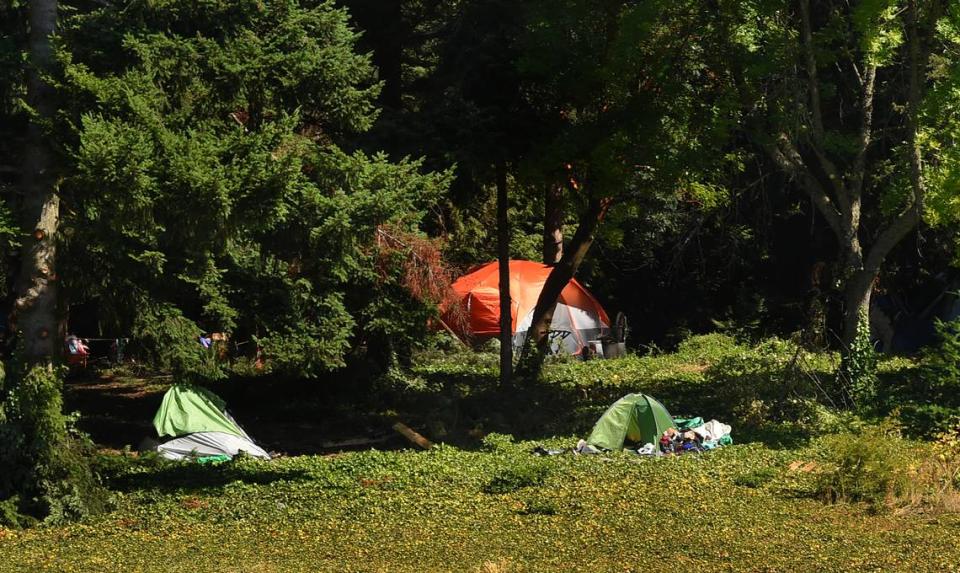 The homeless encampment community along Interstate 5 and near the Sleater Kinney Road NE overpass has dwindled in recent weeks as alternative housing options begin to become available. Photo July 18, 2023