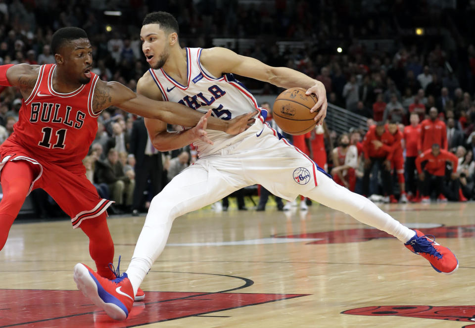 Ben Simmons continued his impressive debut season with a triple-double Wednesday. (AP Photo/Charles Rex Arbogast)