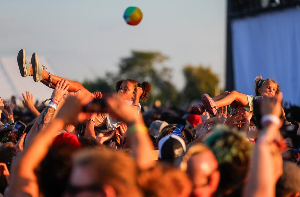Two young girls crowd surfed during Limp Bizkit's set at Friday's Louder Than Life music festival. Sept. 22, 2023
