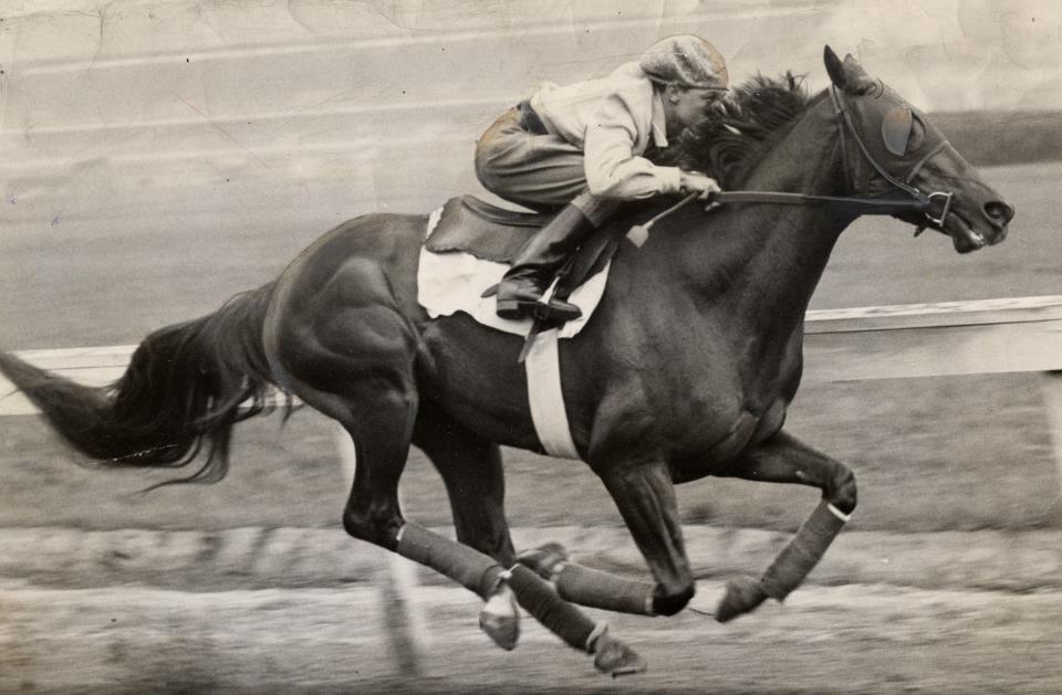 Whirlaway in action on May 2, 1941. All the tremendous power and muscular coordination are shown as he worked out at Churchill Downs for his record-breaking run a few days later in the Derby. Here's Whirlaway in action. All the tremendous power and muscular coordination is shown as he worked out at Churchill Downs for his record-breaking run a few days later in the 1941 Kentucky Derby. May 2 1941.