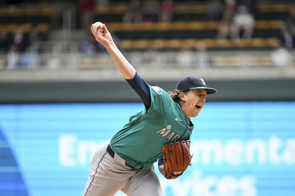 Seattle Mariners Logan Gilbert throws against the Minnesota Twins during the first inning of a baseball game, Thursday, May 9, 2024, in Minneapolis. (AP Photo/Craig Lassig)