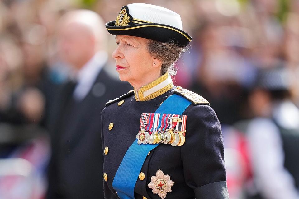 Princess Anne, Princess Royal walks behind the coffin of Queen Elizabeth II, adorned with a Royal Standard and the Imperial State Crown is pulled by a Gun Carriage of The King's Troop Royal Horse Artillery, during a procession from Buckingham Palace to the Palace of Westminster on September 14, 2022, in London, England. Queen Elizabeth II's coffin is taken in procession on a Gun Carriage of The King's Troop Royal Horse Artillery from Buckingham Palace to Westminster Hall where she will lay in state until the early morning of her funeral. Queen Elizabeth II died at Balmoral Castle in Scotland on September 8, 2022, and is succeeded by her eldest son, King Charles III.