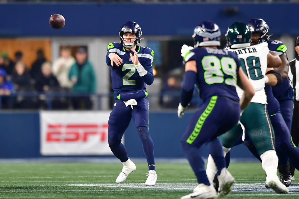 SEATTLE, WASHINGTON – DECEMBER 18: Drew Lock #2 of the Seattle Seahawks throws the ball in the first half at Lumen Field on December 18, 2023 in Seattle, Washington. (Photo by Jane Gershovich/Getty Images)