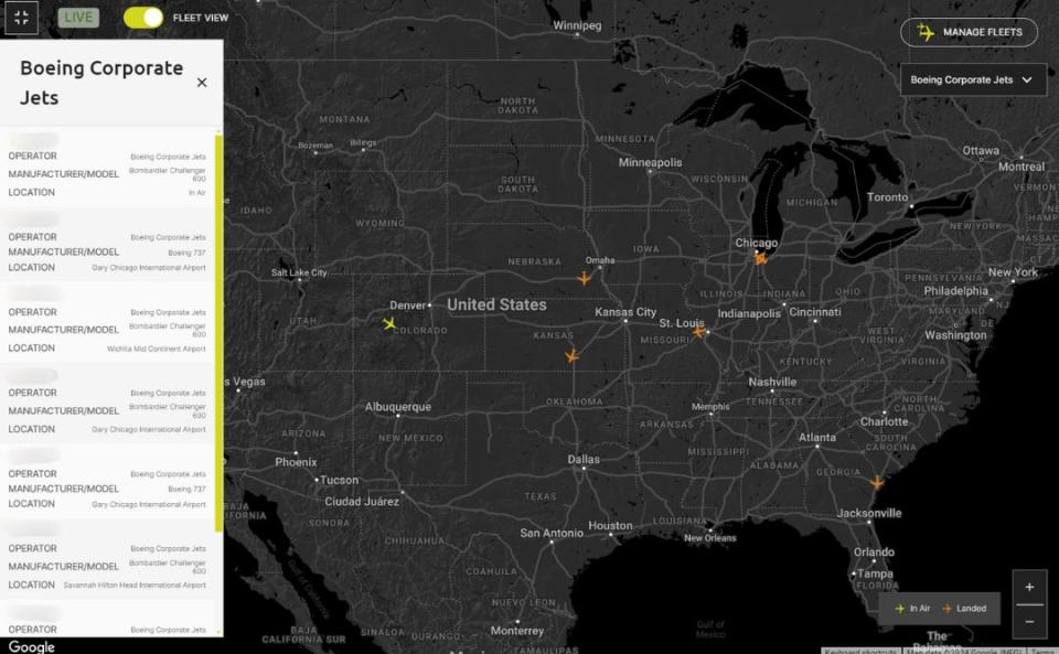 Locations of Boeing's fleet of planes on JetSpy's website.