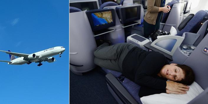 Composición de un jet corporativo de United Airlines volando en un cielo azul claro y una imagen de una mujer durmiendo en un asiento de clase ejecutiva.