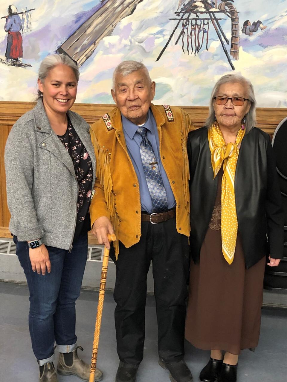 Georgette McLeod, the Tr'ondëk Hwëch'in First Nation's language administrator and oral historian appears with Percy Henry and his wife of 64 years, Mabel.