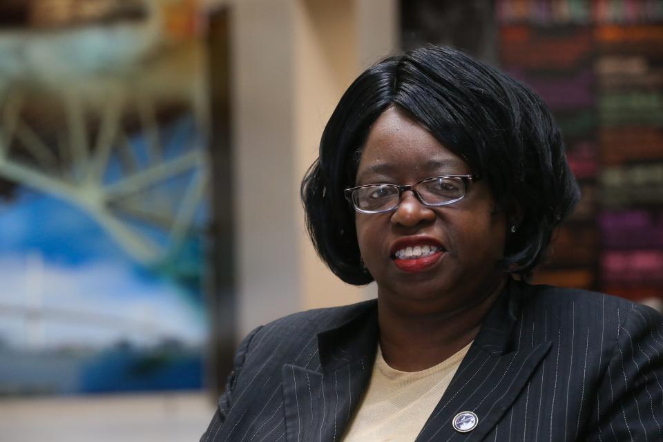 Coretta Graham, president of the Corpus Christi Black Chamber of Commerce, poses inside the Kleberg Bank building Monday, Feb. 19, 2024.