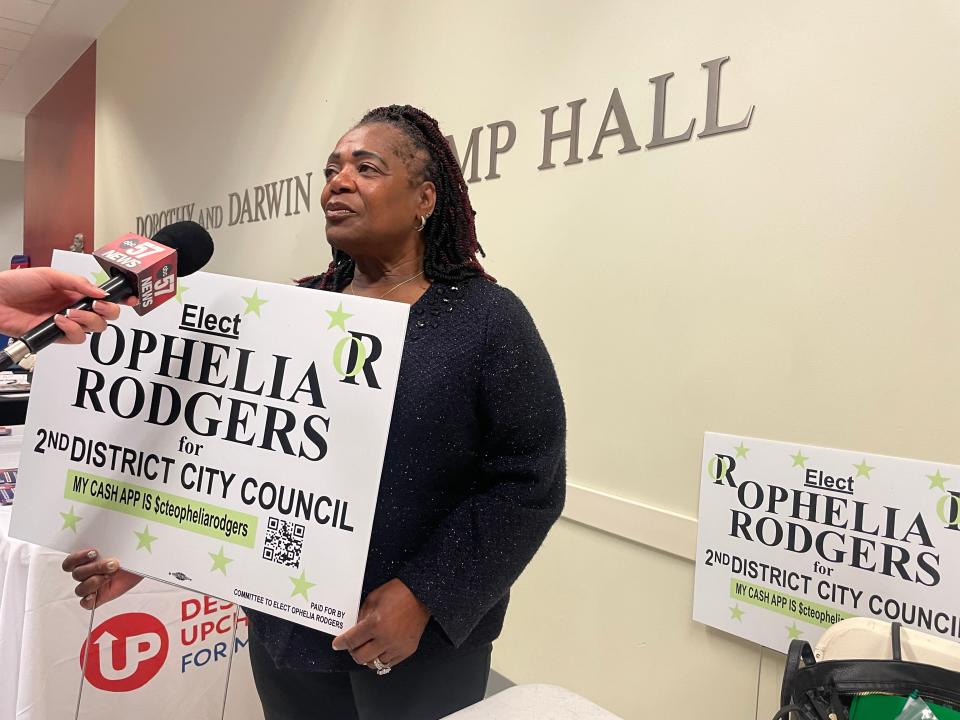 Democrat Ophelia Gooden-Rodgers, who's challenging Roosevelt Stewart for the 2nd District seat on the South Bend Common Council, is interviewed by a reporter on Oct. 5.