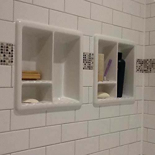 white tiled shower with two shiny white square niches with compartments side by side