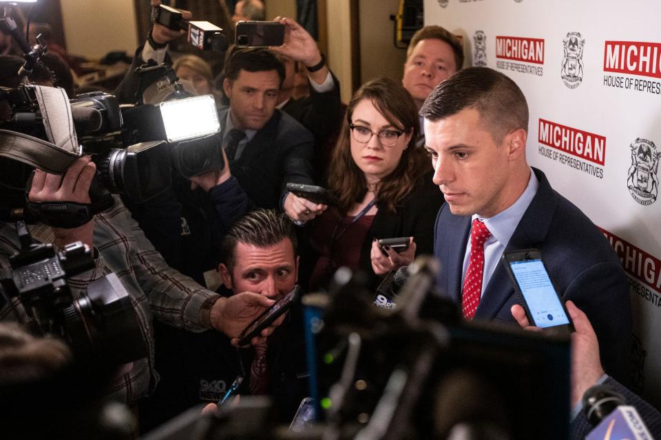 Speaker of the House Lee Chatfield answers questions after Governor Gretchen Whitmer's State of the State address at the State Capitol in Lansing, Wednesday, Jan. 29, 2020.