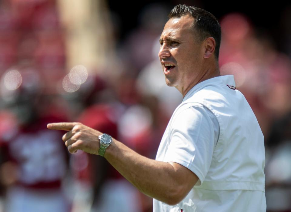 Alabama offensive coordinator Steve Sarkisian during warm ups before the New Mexico State game at Bryant-Denny Stadium in Tuscaloosa, Ala., on Saturday September 7, 2019.<br>Sark102