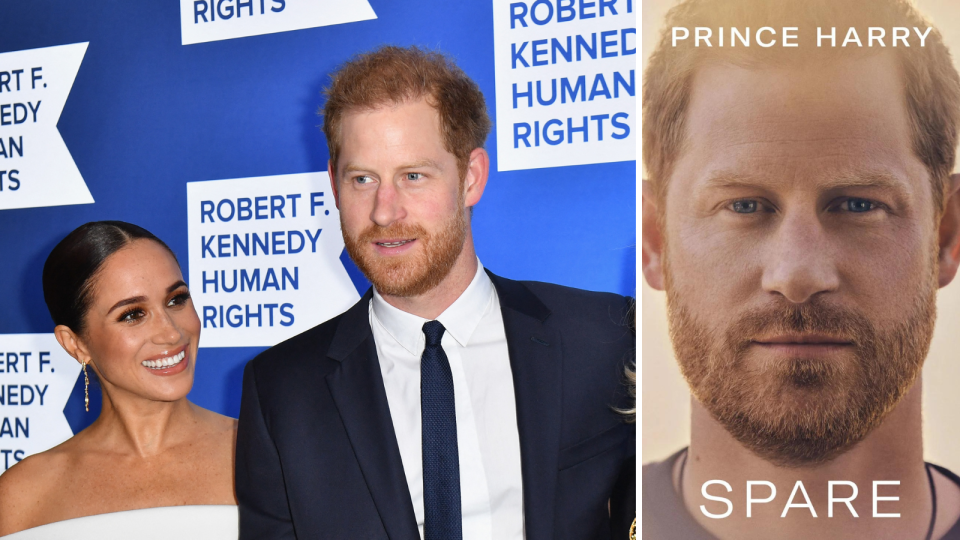 A composite image of Prince Harry and his wife Meghan at an event and the cover of his book Spare.